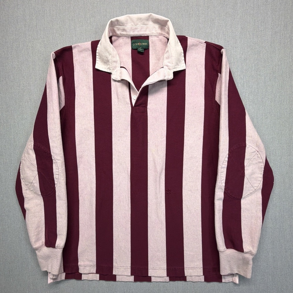 J Crew Oarsman Rugby Shirt Men XL Burgandy Pink Striped Long Sleeve Polo